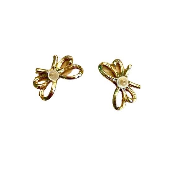 Sparkling Gold Bow Earring Studs Bowknot Ribbon Pave Rhinestones Crystals - Picture 4 of 7